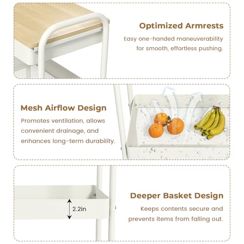 danpinera 3 Tier Rolling Cart with Wooden Table Top, White Rolling Utility Cart with Drawer & Locked Wheels, Easy Assembly for Nursery, Living Room, Studio - color: White, size: without pegboards