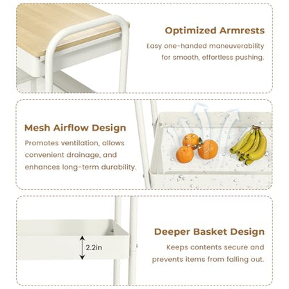 danpinera 3 Tier Rolling Cart with Wooden Table Top, White Rolling Utility Cart with Drawer & Locked Wheels, Easy Assembly for Nursery, Living Room, Studio - color: White, size: without pegboards