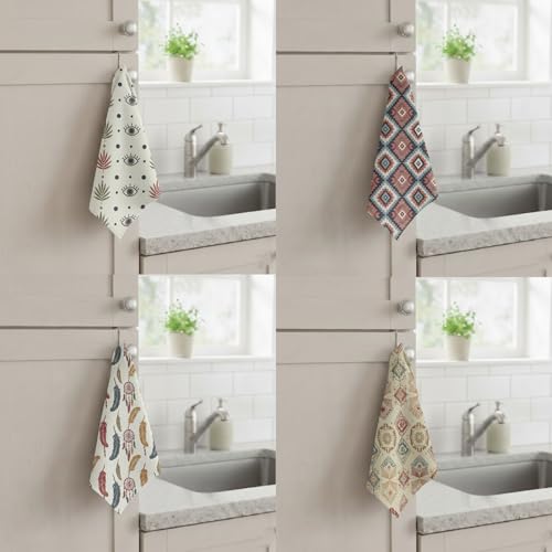 8-Pack Ultra-Fine Microfiber Kitchen Towels, 7-Inch Square with 8 Clips & Multiple Patterns – Soft, Absorbent, Reusable Cleaning Cloths (Bohemian Style) - color: Bohemian Style