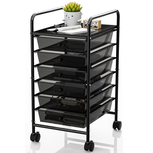 Rolling Cart with Drawers, 6-Tier Rolling Storage Cart with Drawers, Rolling Utility Cart with 6 Drawers with 2 Lockable Caster Wheels for Office Bathroom Kitchen, Transparent Black - size: Black, 6-Tier