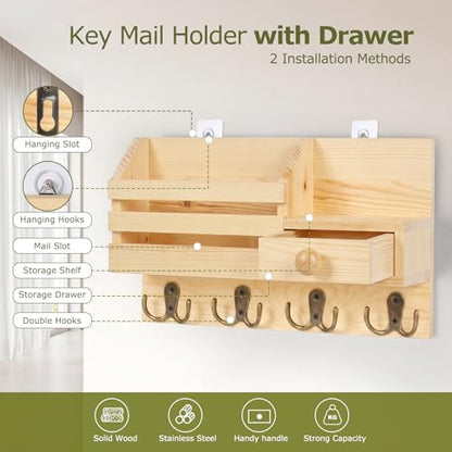 Key Holder Wall Mount, Wooden Adhesive Mail and Key Organizer with Drawer, Small Shelf, 8 Hooks, 2 Installation Methods, Natural - color: Natural