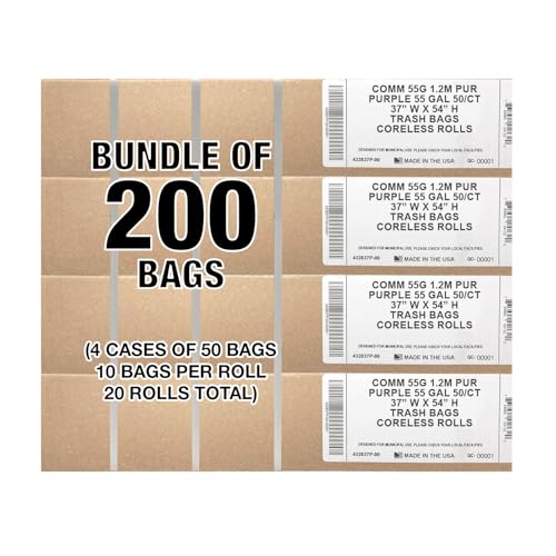 Ultrasac Heavy Duty 55 Gallon Purple Trash Bags - (Value 200 Pack) - 1.5 MIL equivalent Industrial Strength Plastic 37" x 54" for 50-55 Gal Cans -Fits Toter, Rubbermaid Brute, Carlislie Bronco etc. - color: Purple, style: 50-55 Gal, 1.5 Mil Equiv, 200 Cou