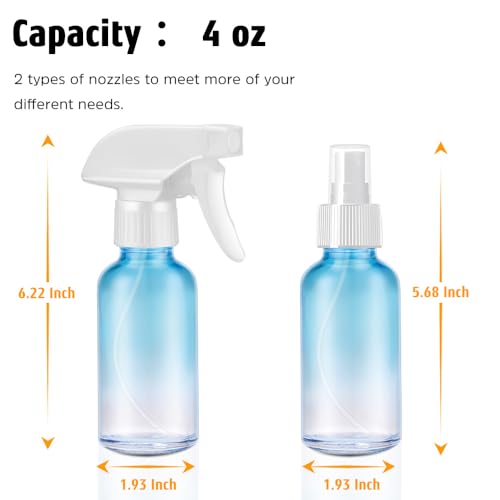 Tecohouse Glass Spray Bottles 4 oz, 2 Pack Spray Bottles for Hair Empty Refillable Fine Mist Sprayer with Labels, Funnel, Pipettes Blue - color: Blue