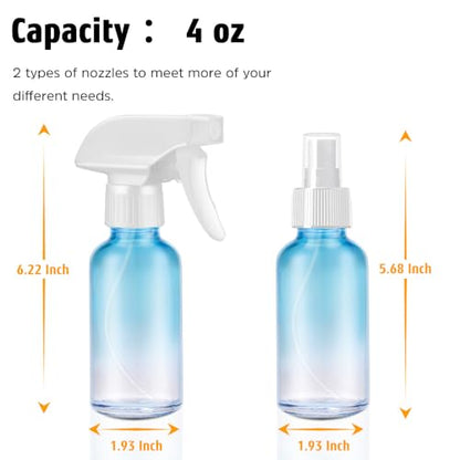 Tecohouse Glass Spray Bottles 4 oz, 2 Pack Spray Bottles for Hair Empty Refillable Fine Mist Sprayer with Labels, Funnel, Pipettes Blue - color: Blue