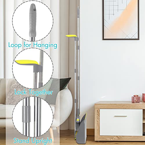 2-Pack Broom and Dustpan Combo Set, 48" Long Adjustable Handle Stand Up Dustpan with Self-Cleaning Teeth, Ideal for Home, Office, Kitchen, Indoor & Outdoor Use, Grey
