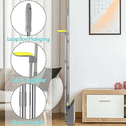 2-Pack Broom and Dustpan Combo Set, 48" Long Adjustable Handle Stand Up Dustpan with Self-Cleaning Teeth, Ideal for Home, Office, Kitchen, Indoor & Outdoor Use, Grey