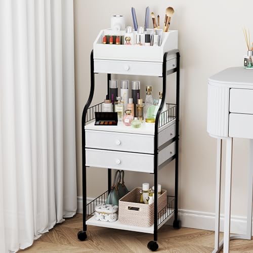 HapiRm Floor Makeup Organizer Storage - Vanity Skincare Make Up Organizers and Storage with Drawers, Cosmetics Display Cases Holder for Skin Care Nail Polish Perfume Makeup Brush - color: Black+White