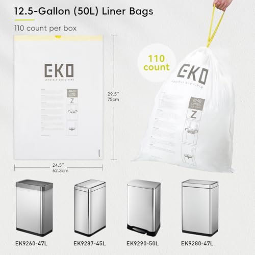 EKO 12.5 Gallon / 40-60 Liter, 110 Count Drawstring Trash Bags, Extra-Strong Garbage Bags, Unscented, Leak-Resistant, Easy-Dispense Roll for Kitchen & Household Use, Code Z, White - size: 110 Count (Pack of 1), style: 12.5 Gallon Bags/Code Z