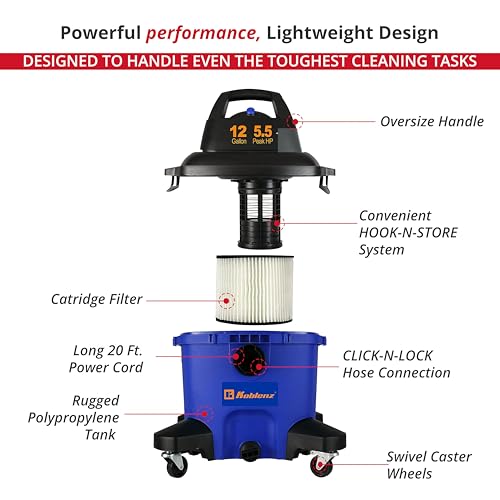 Koblenz WD-12 L4 Wet Dry Vacuum Cleaner, 12 Gallon 5.5 PHP, 3-in-1 Suction & Blower, 32 ft Reach, Drain Plug, Large Vacuum Cleaner for Car, Shop Vacuum Wet and Dry, Click-N-Lock Hose, Blue/Black - size: 12 Gallon 5.5 HP