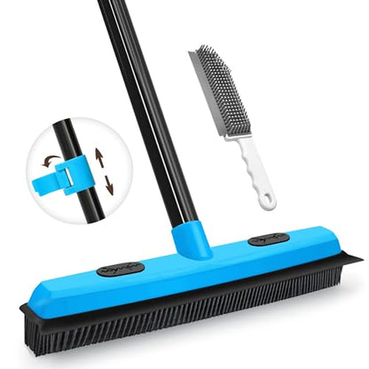 JEHONN Rubber Broom Carpet Rake Brush for Pet Hair with Squeegee, 52.8 inches Long Handle Silicone Fur Scraper Removal Tool with Detailing Lint Comb for Rug, Tile, Hardwood Floor Cleaning (Blue) - color: Blue