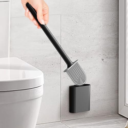 Toilet Brush and Holder Set,Flexible Toilet Bowl Brush Head with Silicone, Compact Size for Storage and Organization,Ventilation Slots Base Black - color: Black
