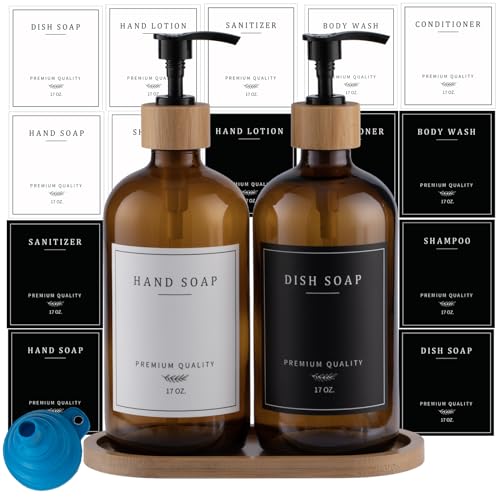 Amber Glass Soap Dispenser - Dish Hand Soap Dispenser for Kitchen Set, Soap Lotion Dispenser Bathroom with Sturdy Pump and Tray, 14 Waterproof Labels,Refillable Dispenser-Amber - color: Amber Bottle + 14 Labels + Funnel + Tray