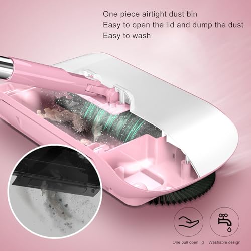 Floor Sweeper, Stainless Steel Dual Brush 180 Degree Rotating Hand Push Sweeper, Non Electric with Sealed Dustbin for Hardwood Tile Marble Floors Pet Hair Dust (Pink) - color: Pink