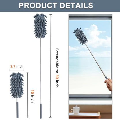 2 Pack Microfiber Duster for Cleaning, Washable Dusters, Extendable Pole, Up to 30 Inch Reachable, Wet and Dry Use Cleaning Tools for Car, Ceiling Fan, Window, Furniture, Office