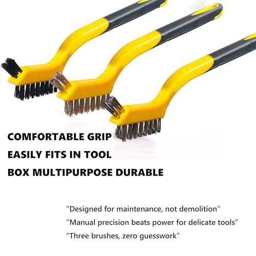 Wire Brush Set for Rust, Paint & Detail Cleaning – 6-Piece Brass, Stainless Steel & Nylon Brushes with Curved Handle for Tight Spaces, Metal, Tile & Household Use