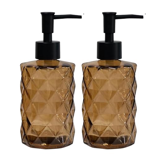 12Oz Small Glass Soap Dispenser with Black Plastic Pump, Brown Refillable Kitchen Countertop Liquid Hand Soap Dispensers with Diamond Design, Crystal Bathroom Lotion Bottle for Dish Soap, 2 Set - color: 2 Pack Diamond Brown