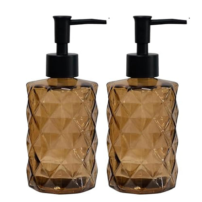 12Oz Small Glass Soap Dispenser with Black Plastic Pump, Brown Refillable Kitchen Countertop Liquid Hand Soap Dispensers with Diamond Design, Crystal Bathroom Lotion Bottle for Dish Soap, 2 Set - color: 2 Pack Diamond Brown