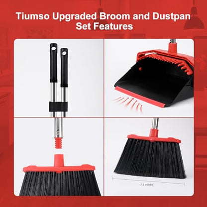 Large Upright Broom and Dustpan, Heavy Duty Dust Pan with 51" Long Handle for Indoor Outdoor Garage Kitchen Room (Black and Red) - color: Black and Red