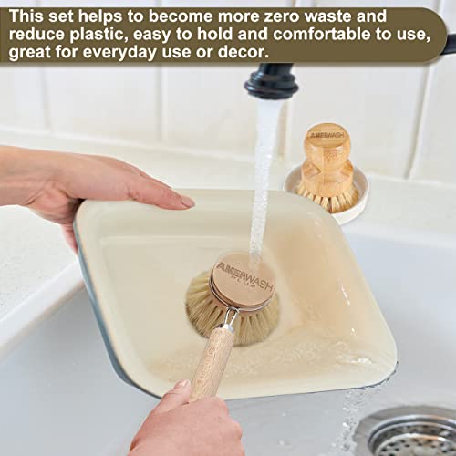 Wooden Dish Brush Set Clean Pots, Pans and Vegetable, Natural Bristles Bamboo Scrub Brushes with Ceramic Dish - 1 Long Handle Dish Brush + 2 Palm Scrubbing Brush - size: 4 Piece Brush Set with Holder