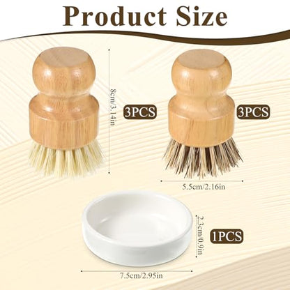 7 Pcs Bamboo Scrub Brushes Set, Kitchen Dishwashing Scrubber with Natural Sisal/Palm Bristles, Round Mini Dish Brush with Ceramic Holder, for Kitchen Sink Pans Pots Vegetables Cleaning