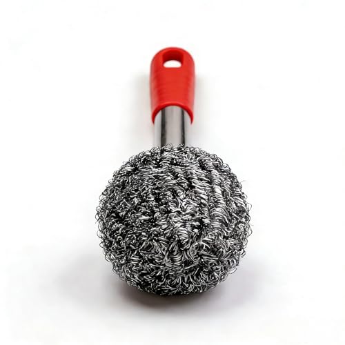 2PCS Steel Wool Scrubber with Handle Rustproof, Cast Iron Scrubber, Stubborn Messes Pot Brush, Remove Dirt for Cleaning Stoves,Sinks Dishes Grills Bowls & Metal Wire Sponge for Kitchens - color: Red