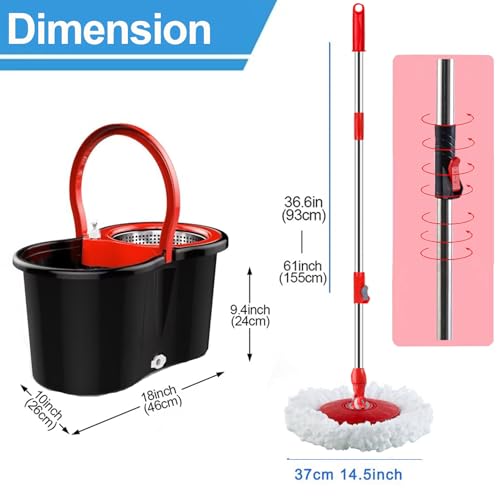 Spin Mop and Bucket with Wringer Set, 360°Rotating Head Mop Bucket System, 3 Microfiber Mop Heads for Living Room, Bedroom, Kitchen, Office (Black & Red)