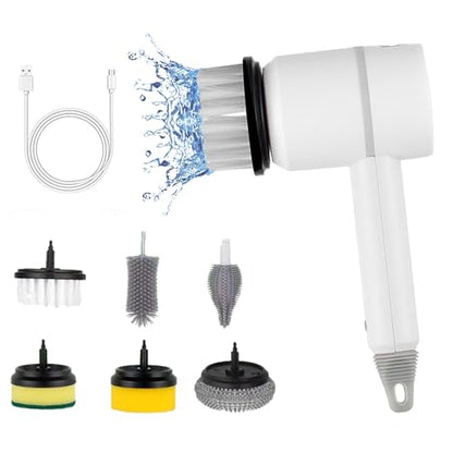 Electric Dishblaster, Heavy Duty Handheld Spin Scrubber, Automatic Cordless Battery Power Brush, Shower Cleaner with 6 Interchangeable Brush Heads, USB Rechargeable, White - color: White