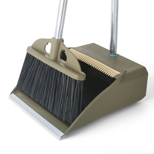 Upgrade Broom with Dustpan Combo Set,48'' Long Handle Stiff Broom Bristles with Heavy Duty Dust Pan,Indoor Outdoor Easy Sweeping for Kitchen Lobby Garage Home