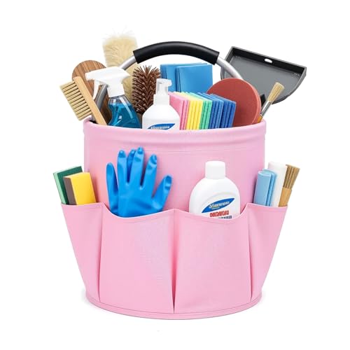 Cleaning Caddy with Handle, 17L Foldable Storage Basket, Heavy Duty 600D Oxford Cloth Organizer, Portable Supply Bag, Multi-Purpose Supplies Caddy for Home, Bathroom, Kitchen, Garden - Pink - color: Pink