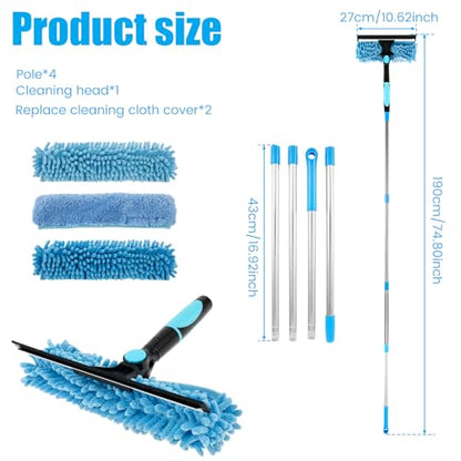 Squeegee for Window Cleaning Scrubber and Rotating Head Squeegee Window Cleaner Tool Window Washing Kit with Long Handle Window Cleaning Kit for Shower Glass Mirror Car (Blue)