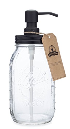 Quart Size Mason Jar Soap and Lotion Dispenser - Black - by Jarmazing Products - Made from Rust-Proof Stainless Steel - color: Semi-opaque Glass / Black Lid