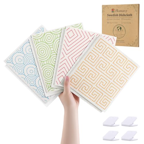 Homaxy Swedish Dishcloths for Kitchen, 8 Pack Geometric Reusable Paper Towels with Clips, Absorbent Cellulose Sponge Dish Cloths for Washing Dishes, Non-Scratch & Odor-Free Dish Rags - color: Geometry, size: 8 PACK