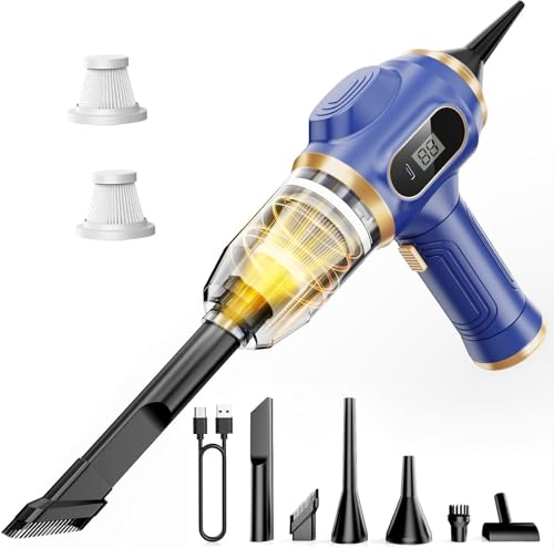Car Vacuum Portable Cordless 17000Pa Mini Handheld Vacuums Blow and Suction with LCD Display and Multi-Nozzles, High Power for Car, Home, Office, Pet, Compact and Portable Design - color: Blue