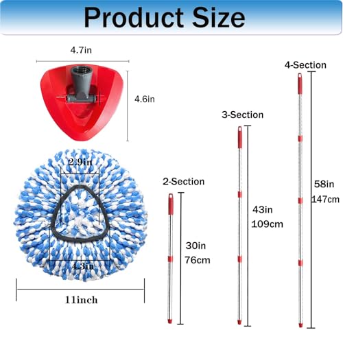 Spin Mop Replace Heads for O Cedar Rinse Clean 2 Tank System, Spin Mop Replacement Head 2 Microfiber Mop Refills, 1 Triangle Head Cover and 30-58in Handle - size: 2Refills+1 Base+1 Handle（2 Tank System）