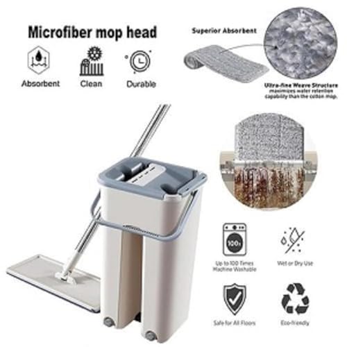 Mop Heavy Quality Floor Mop with Bucket, Flexible Kitchen tap Flat Squeeze Cleaning Supplies 360 Flexible Head/2 Reusable Pads Clean Home Floor Cleaners