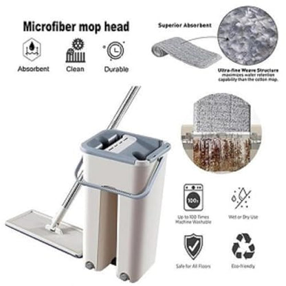 Mop Heavy Quality Floor Mop with Bucket, Flexible Kitchen tap Flat Squeeze Cleaning Supplies 360 Flexible Head/2 Reusable Pads Clean Home Floor Cleaners