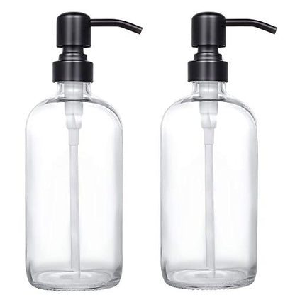 2 Pack Thick Clear Glass Pint Jar Soap Dispenser with Matte Black Stainless Steel Pump, 16ounce Clear Boston Round Bottles Dispenser with Rustproof Pump for Essential Oil, Lotion Soap - color: Matte Black