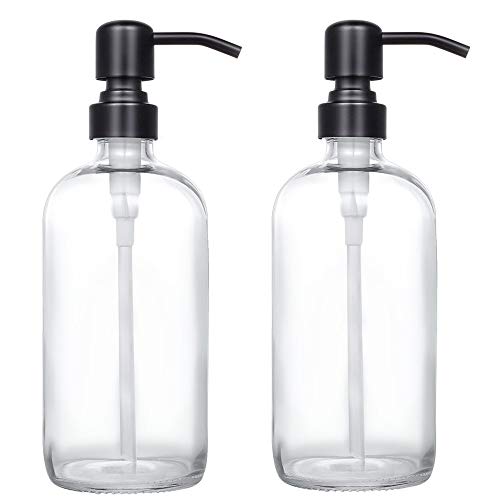 2 Pack Thick Clear Glass Pint Jar Soap Dispenser with Matte Black Stainless Steel Pump, 16ounce Clear Boston Round Bottles Dispenser with Rustproof Pump for Essential Oil, Lotion Soap - color: Matte Black