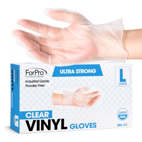 ForPro Disposable Vinyl Gloves, Industrial Grade, Powder & Latex Free, Non-Sterile, Food Safe, 2.75 Mil Palm, 3.9 Mil Fingers - color: Clear, size: Large (Pack of 100)
