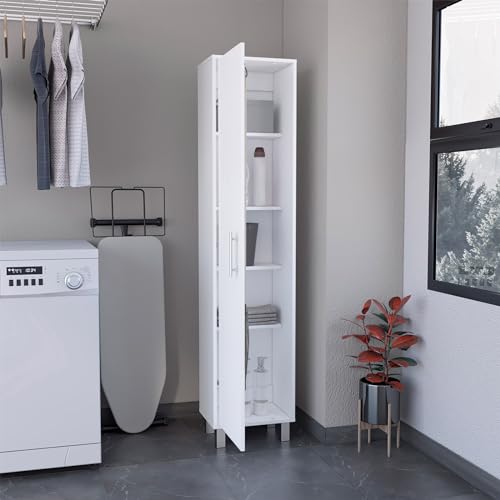 Tall Storage Cabinet with Single Door and 3 Broom Hangers Modern Floor Standing Cabinet for Kitchen Bathroom Laundry Room 70.87" Height White