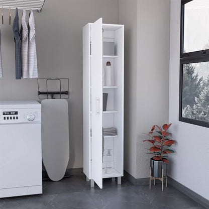 Tall Storage Cabinet with Single Door and 3 Broom Hangers Modern Floor Standing Cabinet for Kitchen Bathroom Laundry Room 70.87" Height White