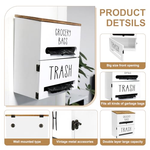 2 in 1 Trash Bag Dispenser, Double Wall Mounted,Wood Trash Bag Holder, used in kitchen, garage, laundry room, can store Environmentally friendly food bags and garbage bags (White) - color: White/Large(10inch*5.5inch*12.2inch）
