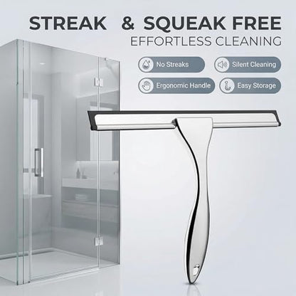 All-Purpose Stainless Steel Shower Squeegee - Shower Glass Door with Adhesive Hooks, Bathroom Cleaner Tool Household Window Mirror Squeegee, Cleaning Tile Wall, Car, 10 Inch Silver