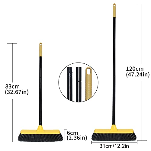 Push Broom with Long Handle, Floor Brush 51.6 inch Soft Bristle Broom 12.2" Wide for Cleaning Bathroom Kitchen Patio Garage Deck Tile - color: Black