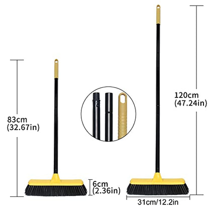 Push Broom with Long Handle, Floor Brush 51.6 inch Soft Bristle Broom 12.2" Wide for Cleaning Bathroom Kitchen Patio Garage Deck Tile - color: Black
