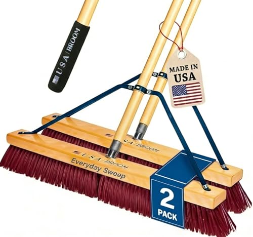 2-Pack - 24" Everyday Sweep Indoor/Outdoor Push Broom with 60" Handle. Ideal for Garages & Shops. Durable American Made Steel Brackets-All Stainless Steel Hardware. No Plastic. 100% USA Made - color: Style Everyday Sweep - Red, size: 2 Pack