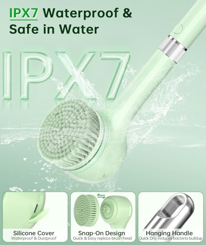 Electric Body Brush Back Scrubber for Shower, Waterproof Long Handle Power Auto Body Scrubber with 5 Heads, 3-Speed Rechargeable Bath Brush for Women, Men, Deep Cleansing, Exfoliating, Massage Skin