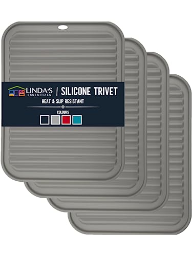Silicone Trivets for Hot Dishes, Pots, Pans (4 Pack) - Heat-Resistant Pot Holders for Kitchen Countertop Mats - Silicone Trivet Mat (9 x 12 Inch) - Multipurpose Counter Pads (Grey) - color: 4 Pcs Rectangle - 9x12 Inches - Grey