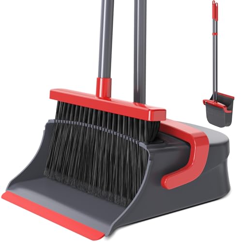 Broom with Dustpan Combo Set, Long Handle Upright Standing Self-Cleaning Broom and Dustpan Set for Pet Hair & Dust Cleanup, Indoor Outdoor Use for Home, Kitchen, Office, Red & Gray - color: Red & Gray