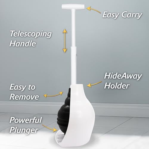 Korky BeehiveMAX Hideaway - Heavy Duty Toilet Plunger with Holder - Drip Free Carry - Seals All Bowl Shapes – Powerful Clog Removal, 97-5 - color: White
